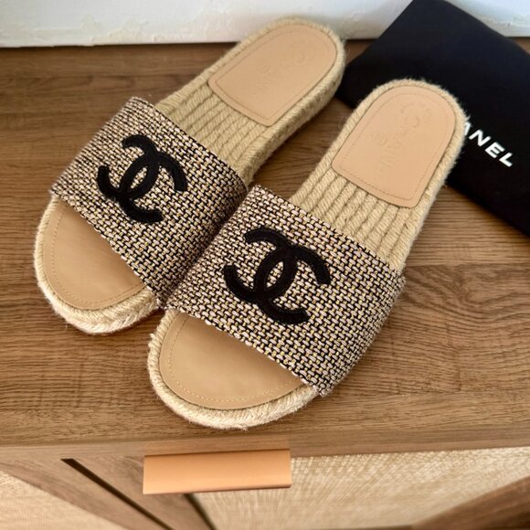 Chanel Women's CC Espadrille Slide Sandals Tweed - Picture 1 of 11